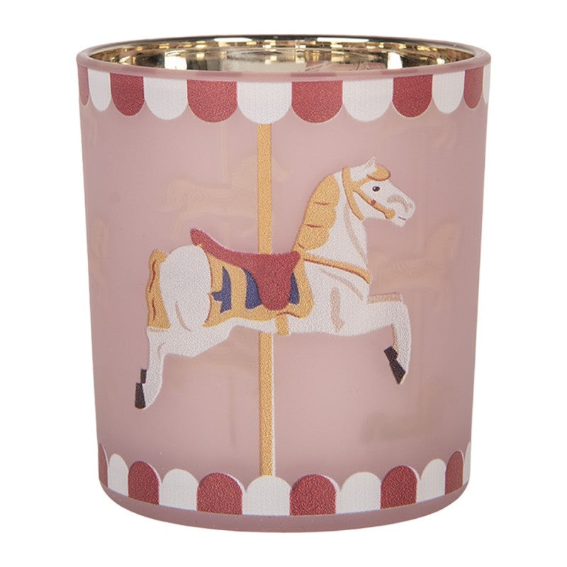 Clayre & Eef Teelichthalter Nostalgisches Karussellpferd Baldachin Rosa Gold Ø 7x8 cm (6GL5464)