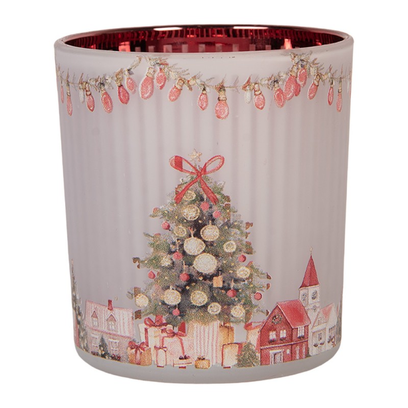 Clayre & Eef Teelichthalter Weihnachtsbaum Winterdorf Lichterkette Grau Rubinrot Innen Ø 7x8 cm (6GL5466)