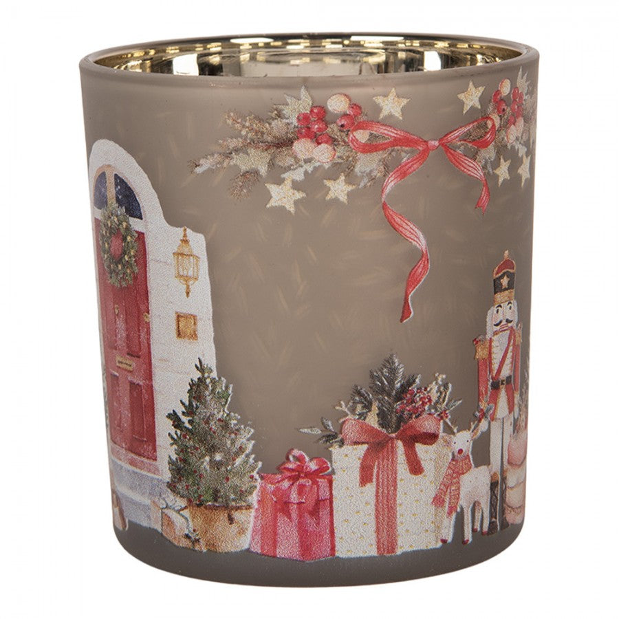 Clayre & Eef Teelichthalter Nussknacker Weihnachtstür Geschenke Taupegrau Gold Ø 7x8 cm (6GL5468)