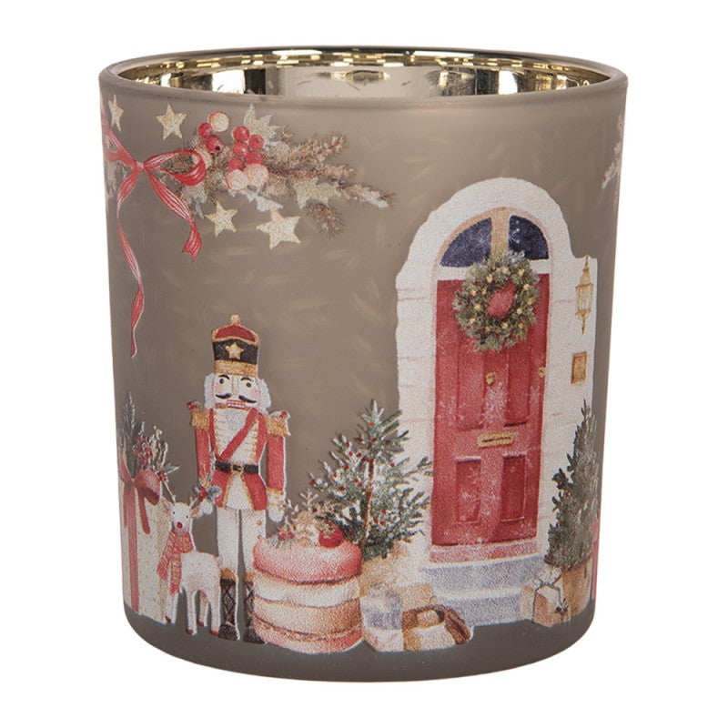 Clayre & Eef Teelichthalter Nussknacker Weihnachtstür Geschenke Taupegrau Gold Ø 7x8 cm (6GL5468)