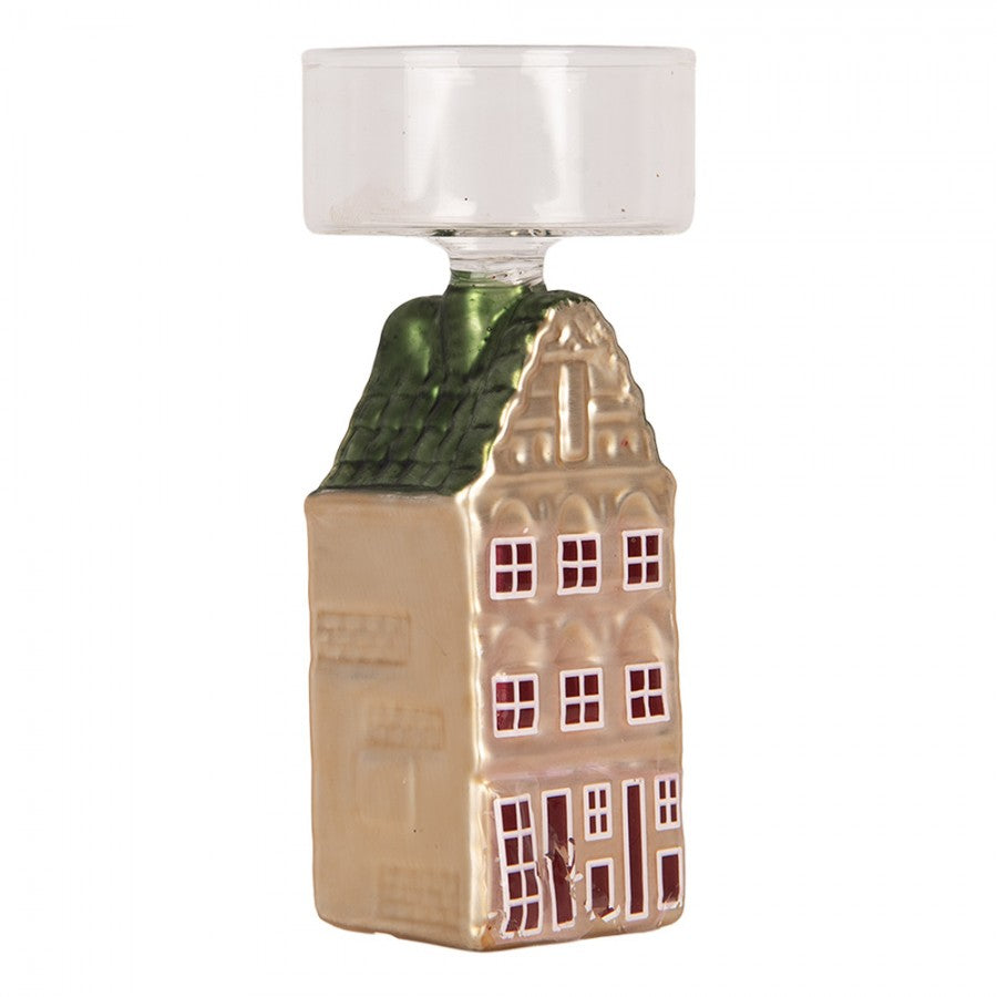 Clayre & Eef Teelichthalter Lichthaus Ständer Amsterdamer Bürgerhaus Halsgiebel Gruenes Dach Klarglas 5x5x12 cm (6GL5476)