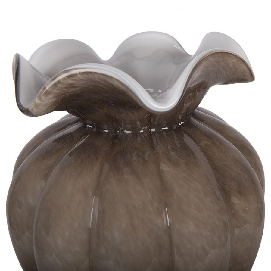 Retro-Glasvase Rüschenrand Rippenoptik Rauchbraun-Weiß Ø 20x28 cm von Clayre & Eef (6GL5496)
