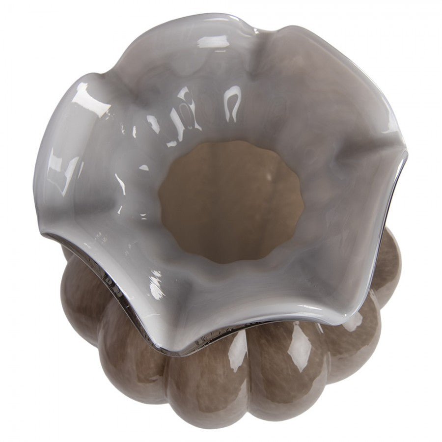 Retro-Glasvase Rüschenrand Rippenoptik Rauchbraun-Weiß Ø 20x28 cm von Clayre & Eef (6GL5496)