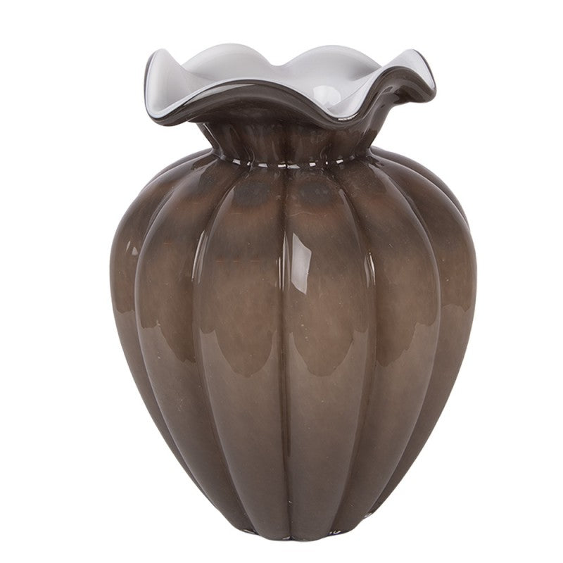Retro-Glasvase Rüschenrand Rippenoptik Rauchbraun-Weiß Ø 16x21 cm von Clayre & Eef (6GL5497)