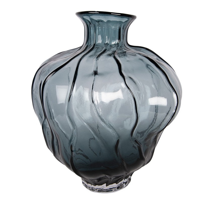 Skandinavische Glas-Bauchvase Organische Rillen Rauchblau Ø 26x31 cm von Clayre & Eef (6GL5502)