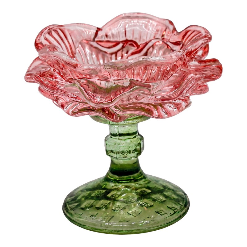 Clayre & Eef Teelichthalter Pfingstrose Blütenschale Kelchglas Pastell-Rosé Lindgrüner Relieffuß Ø 10x9 cm (6GL5544P)