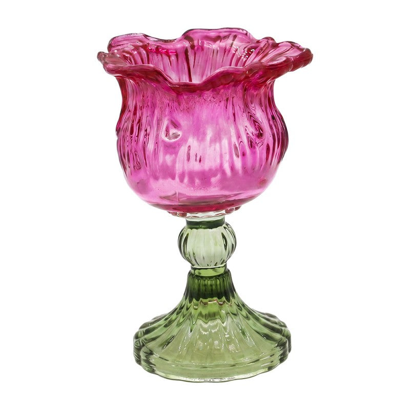 Clayre & Eef Teelichthalter Bluetenkelch auf Fuss Rueschenrand Farbglas Fuchsia Magenta Gruener Relieffuss Ø 11x15 cm (6GL5545F)