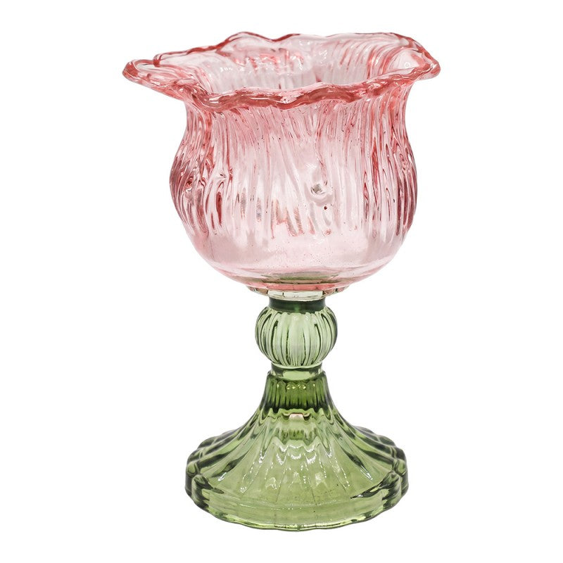 Clayre & Eef Teelichthalter Bluetenkelch auf Fuss Rueschenrand Farbglas Pastellrosa Rosé Gruener Relieffuss Ø 11x15 cm (6GL5545P)