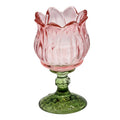 Clayre & Eef Teelichthalter Kelch Tulpenblüte Zartrosa Rosé Pastell Lindgrün Relieffuß Pressglas Ø 7x13 cm (6GL5546P)