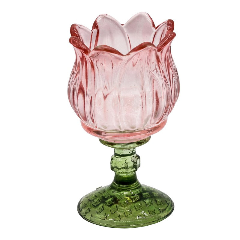 Clayre & Eef Teelichthalter Kelch Tulpenblüte Zartrosa Rosé Pastell Lindgrün Relieffuß Pressglas Ø 7x13 cm (6GL5546P)