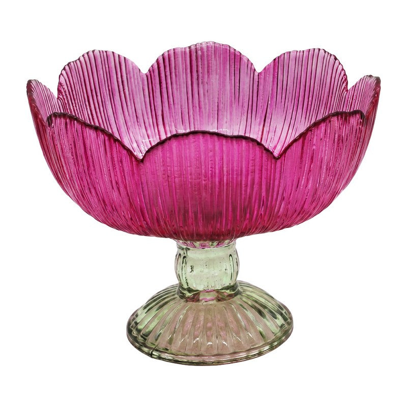 Clayre & Eef Teelichthalter Blueten Fuss Schale Kanneliert Farbglas Fuchsia Pink Lindgruener Relieffuss Ø 13x11 cm (6GL5547F)