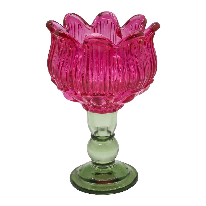 Clayre & Eef Teelichthalter Bauchiger Blueten Pokalkelch Farbglas Fuchsia Salbeigruen Fuss Ø 13x19 cm (6GL5548F)