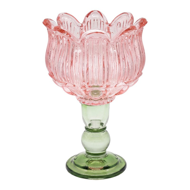 Clayre & Eef Teelichthalter Bauchiger Blueten Pokalkelch Farbglas Pastellrosa Salbeigruen Fuss Ø 13x19 cm (6GL5548P)