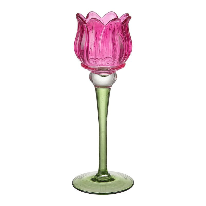 Clayre & Eef Teelichthalter Hoher Tulpen Teelichthalter Stielglas Fuchsia Salbeigruen Stengel Ø 7x22 cm (6GL5551F)