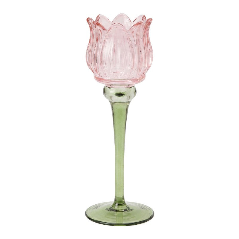 Clayre & Eef Teelichthalter Hoher Tulpen Teelichthalter Stielglas Pastellrosa Salbeigruen Stengel Ø 7x22 cm (6GL5551P)