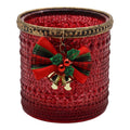 Clayre & Eef Teelichthalter Hobnail Noppenglas Rubinrot Antikgold-Perlenrand Tartan-Schleife Glöckchen Ø 10x9 cm (6GL5552)