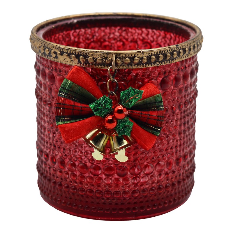 Clayre & Eef Teelichthalter Hobnail Noppenglas Rubinrot Antikgold-Perlenrand Tartan-Schleife Glöckchen Ø 10x9 cm (6GL5552)
