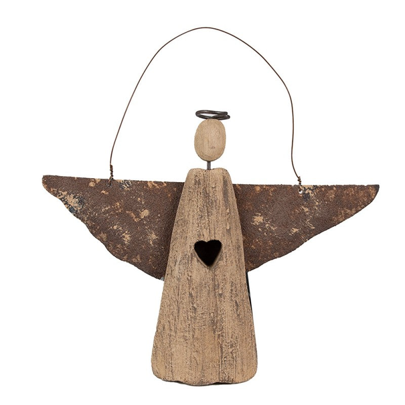 Holz- & Metall-Weihnachtsanhänger Engel mit Herzaussparung Rostbraun-Natur 18x2x14 cm von Clayre & Eef (6H2351)
