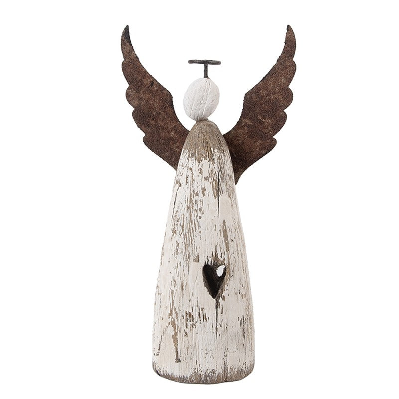 Holz- & Metall-Dekorationsfigur Engel mit Herzaussparung Shabby Chic Weiß-Braun 9x4x18 cm von Clayre & Eef (6H2420M)