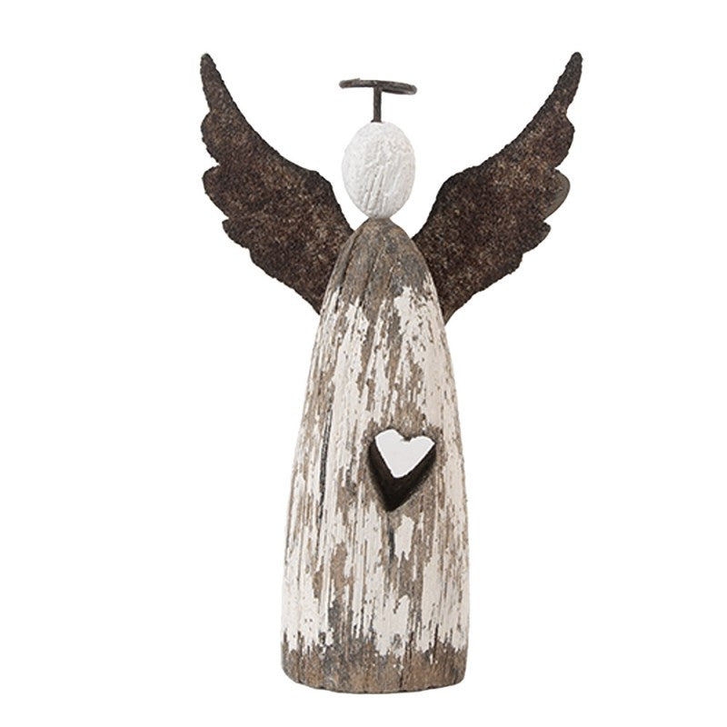 Holz- & Metall-Dekorationsfigur Engel mit Herzaussparung Shabby Chic Weiß-Braun 7x3x12 cm von Clayre & Eef (6H2420S)