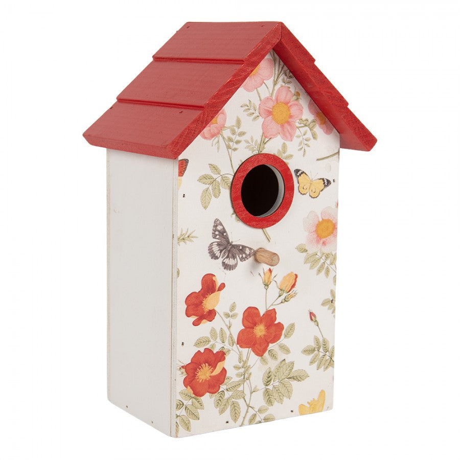 Vogelhaus Nistkasten Holz Wildrosen Schmetterlinge Weiß Rot 15x10x22 cm von Clayre & Eef (6H2450)