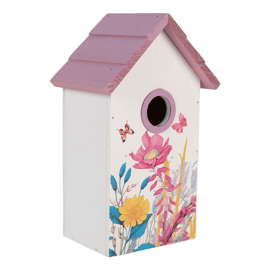 Vogelhaus Nistkasten Holz Blumenwiese Schmetterlinge Weiß Rosa 15x10x22 cm von Clayre & Eef (6H2452)