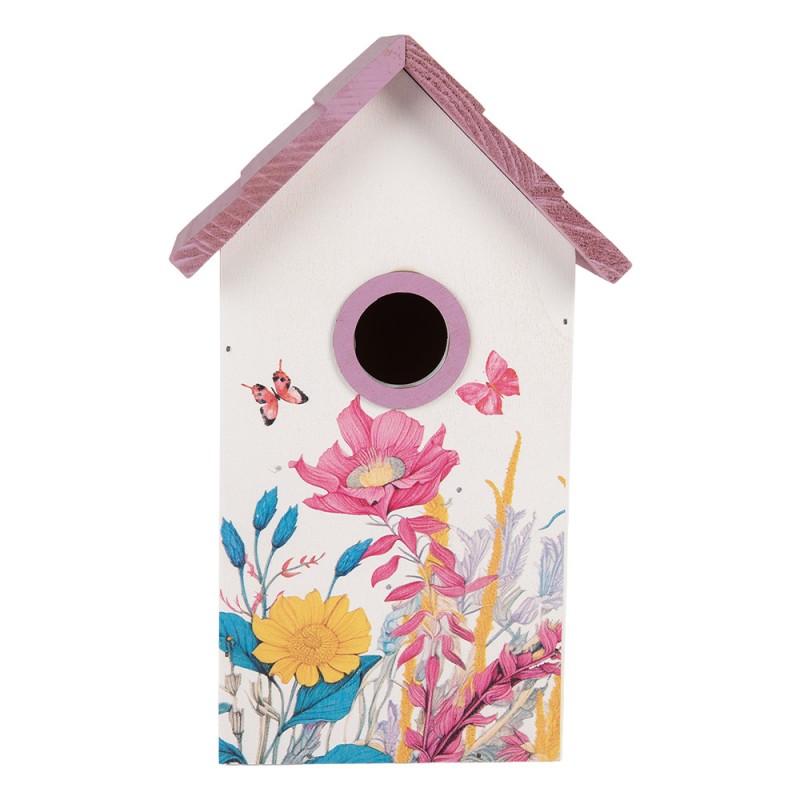 Vogelhaus Nistkasten Holz Blumenwiese Schmetterlinge Weiß Rosa 15x10x22 cm von Clayre & Eef (6H2452)