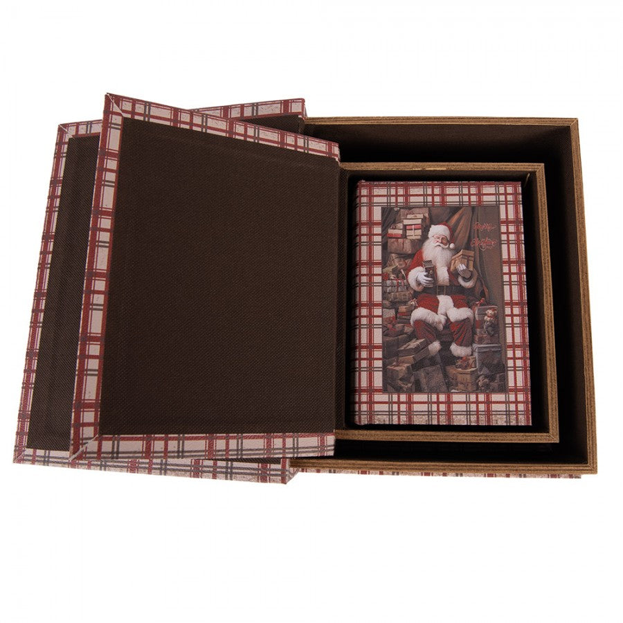 Buchboxen 3er Set Aufbewahrungsboxen Weihnachtsmann Tartan Karo Rot Braun MDF bis 27 cm von Clayre & Eef (6H2465)