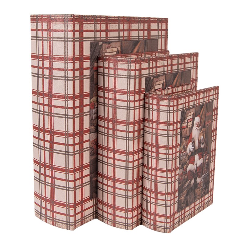 Buchboxen 3er Set Aufbewahrungsboxen Weihnachtsmann Tartan Karo Rot Braun MDF bis 27 cm von Clayre & Eef (6H2465)