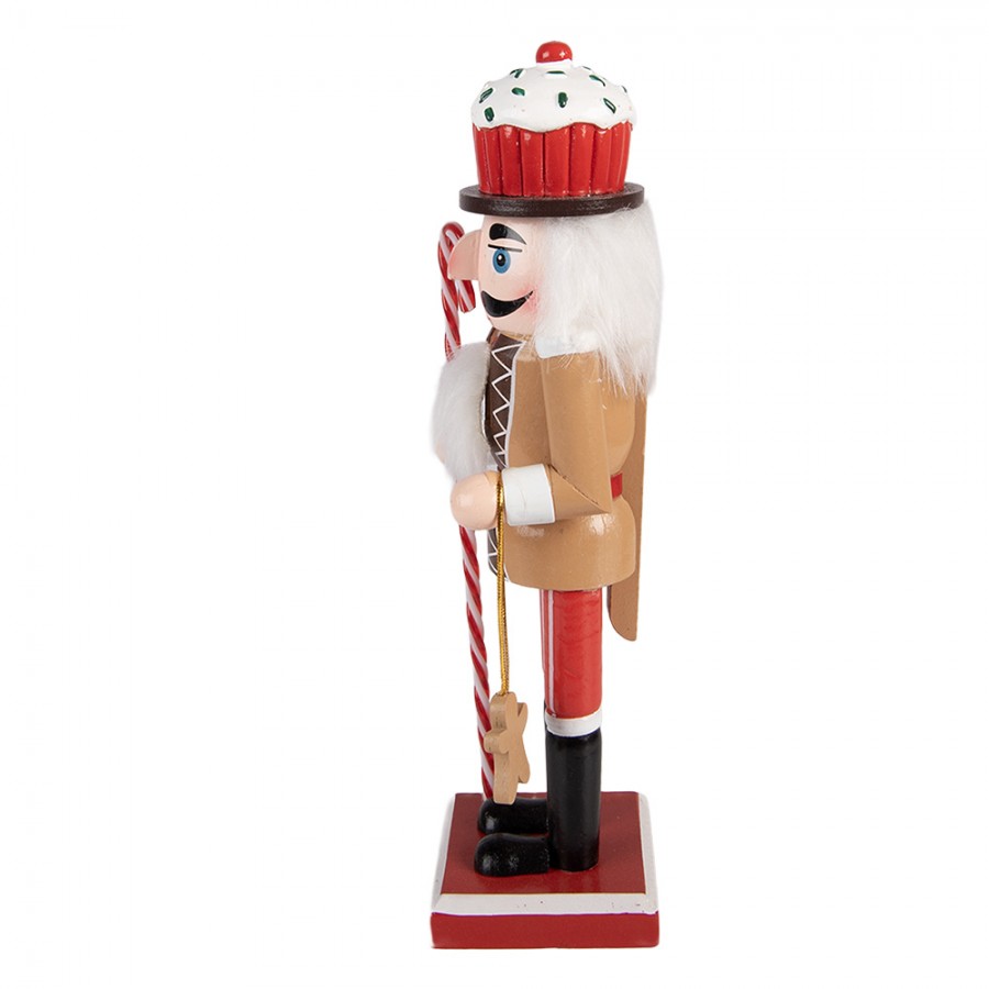 Weihnachtsfigur Lebkuchen-Nussknacker mit Cupcake-Hut Braun-Rot Holz 8x7x25 cm von Clayre & Eef (6H2474)