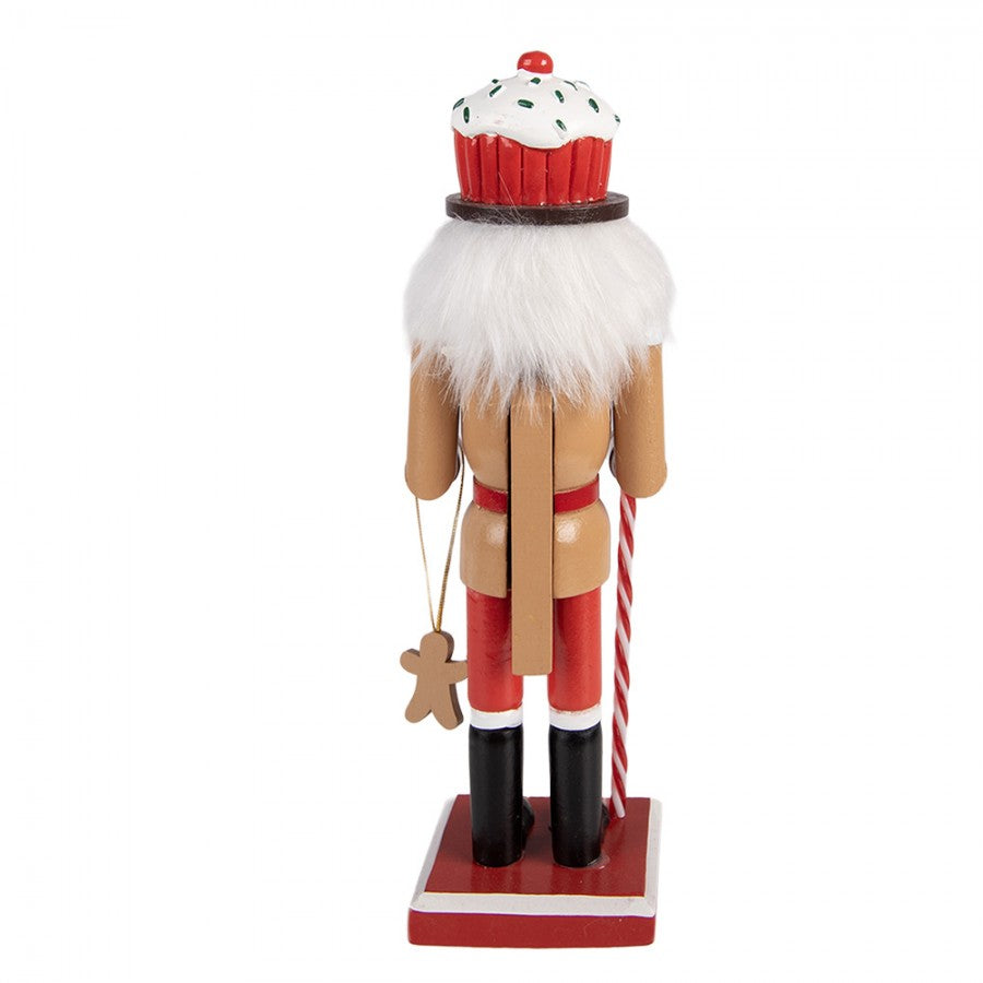 Weihnachtsfigur Lebkuchen-Nussknacker mit Cupcake-Hut Braun-Rot Holz 8x7x25 cm von Clayre & Eef (6H2474)