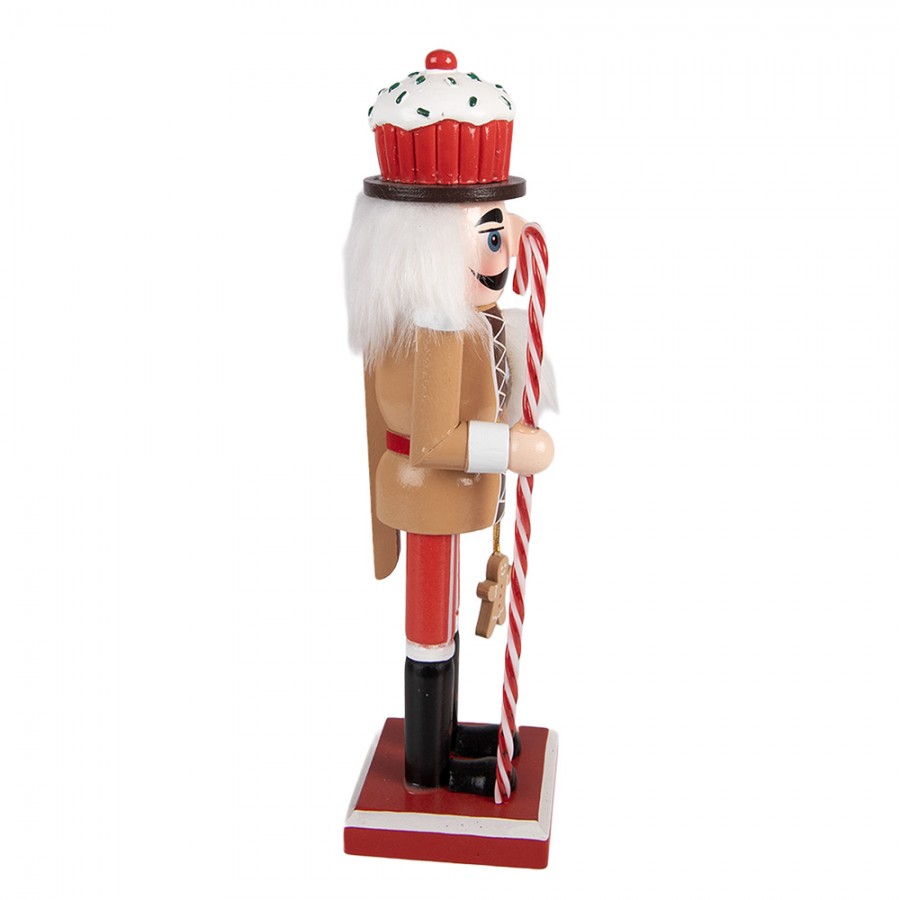 Weihnachtsfigur Lebkuchen-Nussknacker mit Cupcake-Hut Braun-Rot Holz 8x7x25 cm von Clayre & Eef (6H2474)