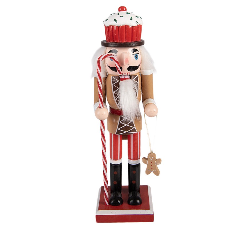 Weihnachtsfigur Lebkuchen-Nussknacker mit Cupcake-Hut Braun-Rot Holz 8x7x25 cm von Clayre & Eef (6H2474)