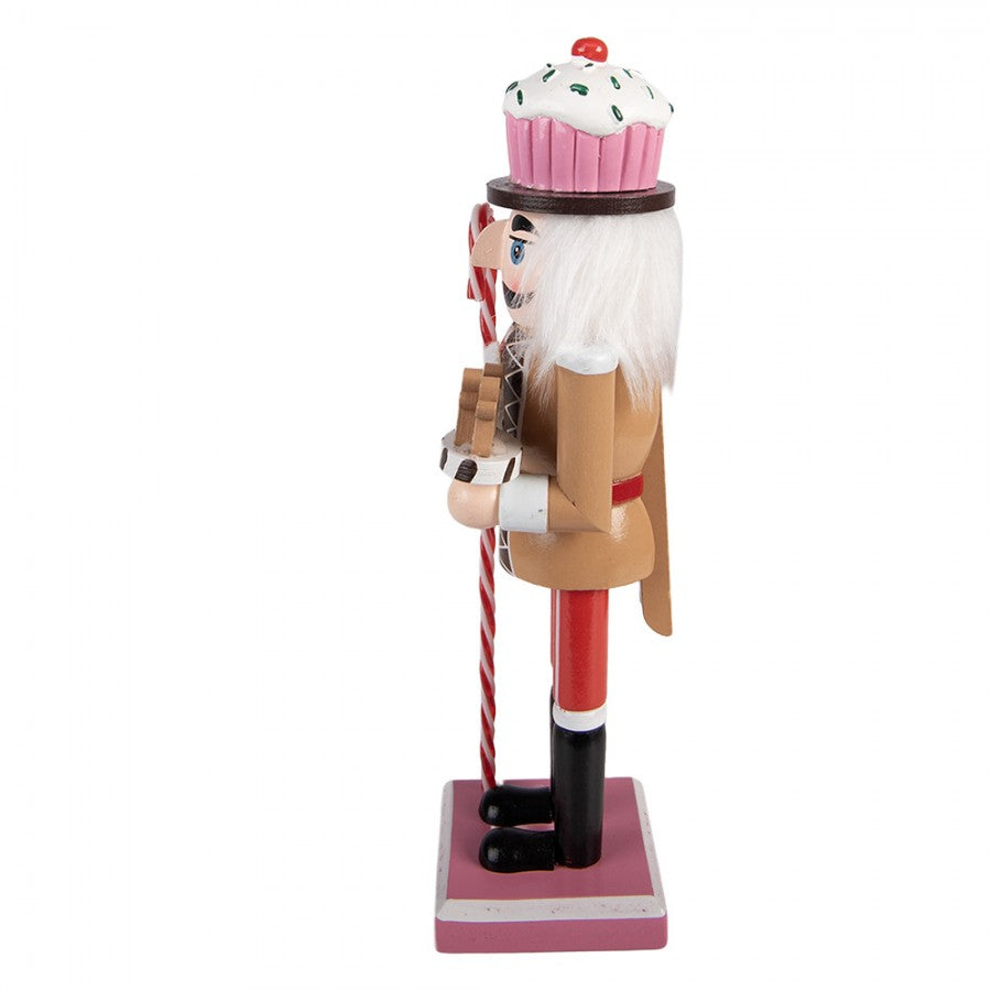 Weihnachtsfigur Lebkuchen-Nussknacker mit Cupcake-Hut & Plätzchentablett Braun-Rosa Holz 8x7x25 cm von Clayre & Eef (6H2475)