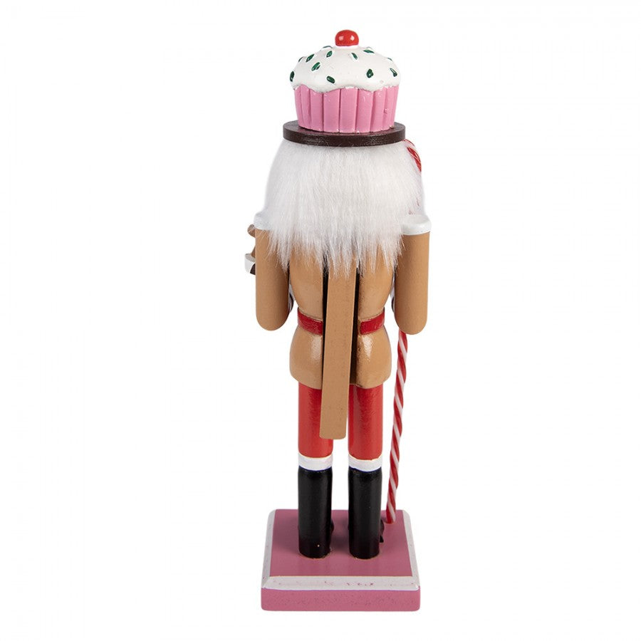 Weihnachtsfigur Lebkuchen-Nussknacker mit Cupcake-Hut & Plätzchentablett Braun-Rosa Holz 8x7x25 cm von Clayre & Eef (6H2475)