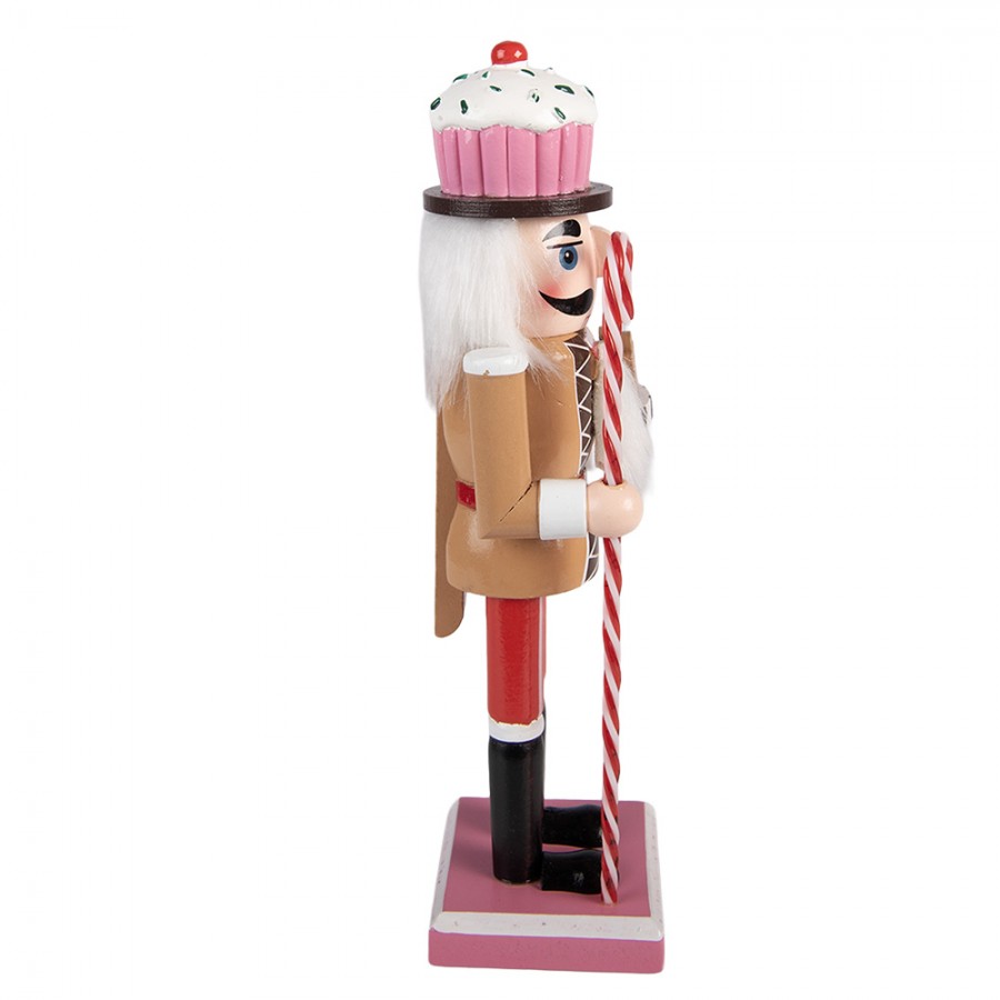 Weihnachtsfigur Lebkuchen-Nussknacker mit Cupcake-Hut & Plätzchentablett Braun-Rosa Holz 8x7x25 cm von Clayre & Eef (6H2475)