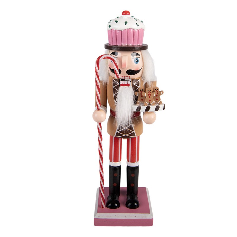 Weihnachtsfigur Lebkuchen-Nussknacker mit Cupcake-Hut & Plätzchentablett Braun-Rosa Holz 8x7x25 cm von Clayre & Eef (6H2475)