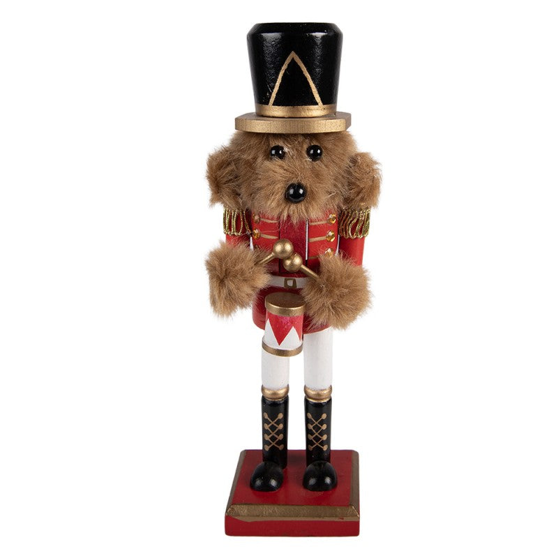 Weihnachtsfigur Nussknacker-Hund Trommler mit Fell Rot-Gold Holz 9x8x25 cm von Clayre & Eef (6H2480)