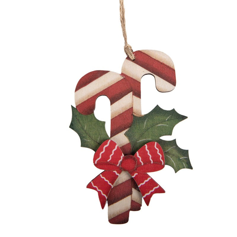 Weihnachtsanhänger gekreuzte Zuckerstangen Holz Schleife Rot Grün 9x1x13 cm von Clayre & Eef (6H2495)