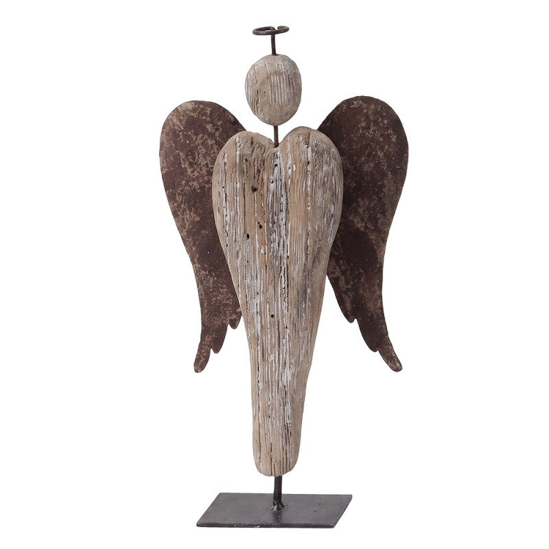 Holz- & Metall-Dekorationsfigur Engel auf Metallfuß Braun-Weiß 11x4x21 cm von Clayre & Eef (6H2507)