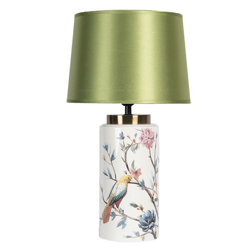 Chinoiserie-Tischlampe mit Vogel & Kirschblüten Grün-Weiß Keramik Ø 28x50 cm von Clayre & Eef (6LMC0022)