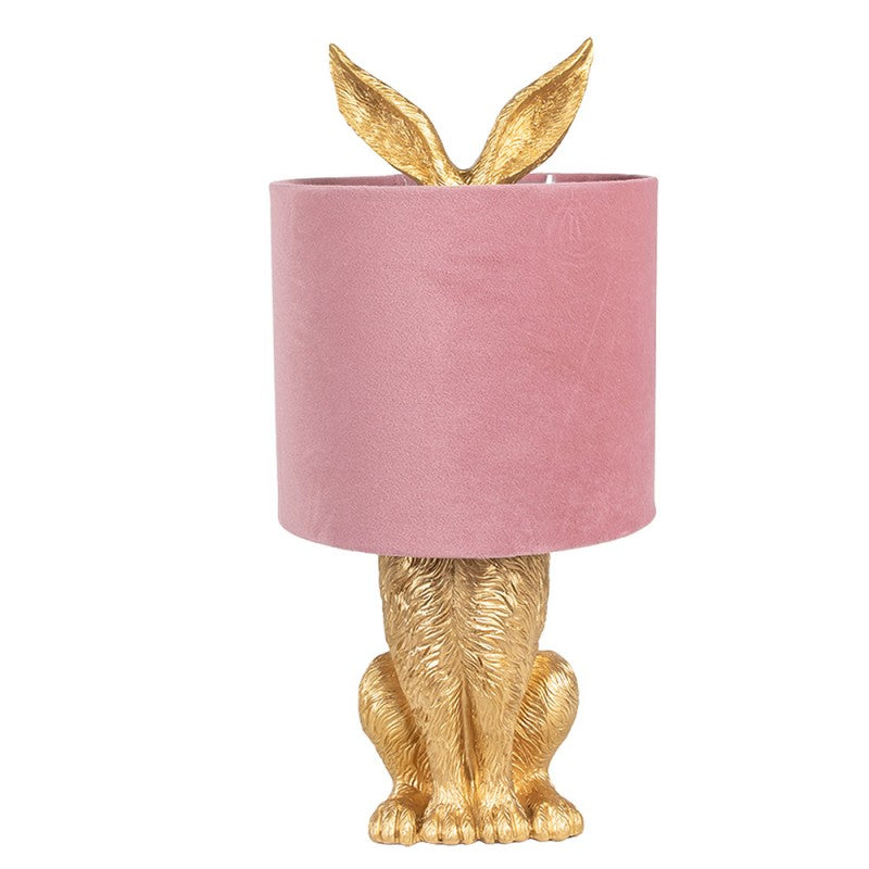 Hasen-Tischlampe mit Samtschirm Altrosa & Gold Polyresin Ø 20x43 cm von Clayre & Eef (6LMC0099GOVP)