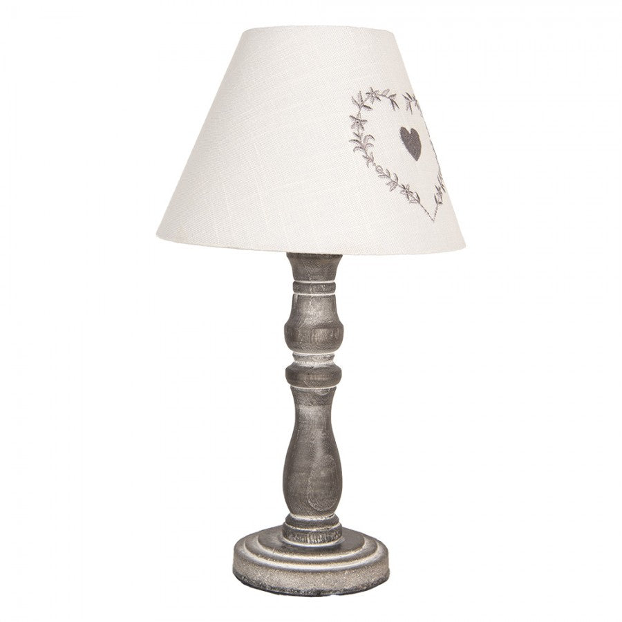 Landhaus-Tischlampe mit Herz Stoffschirm & Holzfuß Shabby Grau Ø 23x40 cm von Clayre & Eef (6LMC0102)