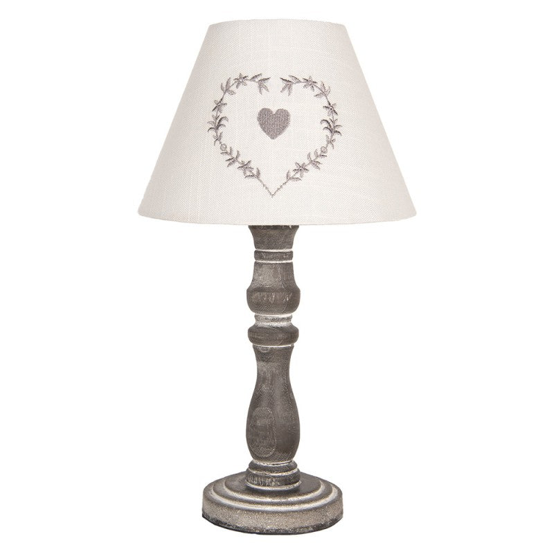 Landhaus-Tischlampe mit Herz Stoffschirm & Holzfuß Shabby Grau Ø 23x40 cm von Clayre & Eef (6LMC0102)
