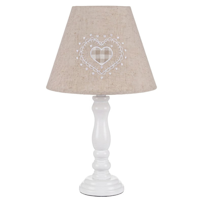 Landhaus-Tischlampe mit Karo-Herz Stoffschirm & Holzfuß Weiß 22x22x39 cm von Clayre & Eef (6LMC0115)