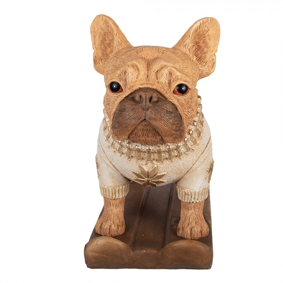 Weihnachtsfigur Hund Französische Bulldogge auf Schlitten im Strickpullover Magnesia Braun 39x20x35 cm von Clayre & Eef (6MG0167)