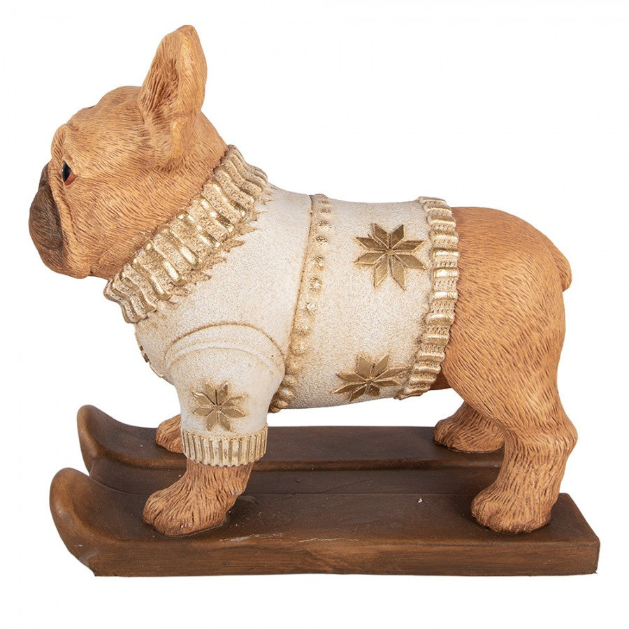 Weihnachtsfigur Hund Französische Bulldogge auf Schlitten im Strickpullover Magnesia Braun 39x20x35 cm von Clayre & Eef (6MG0167)