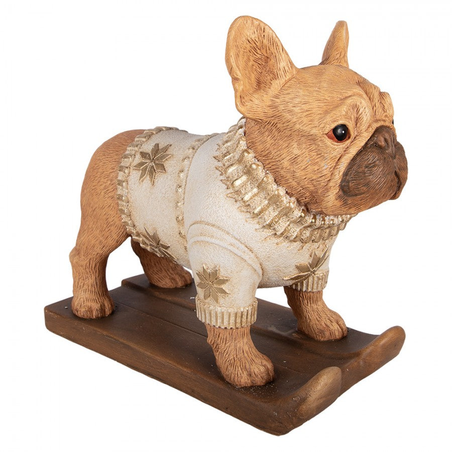 Weihnachtsfigur Hund Französische Bulldogge auf Schlitten im Strickpullover Magnesia Braun 39x20x35 cm von Clayre & Eef (6MG0167)