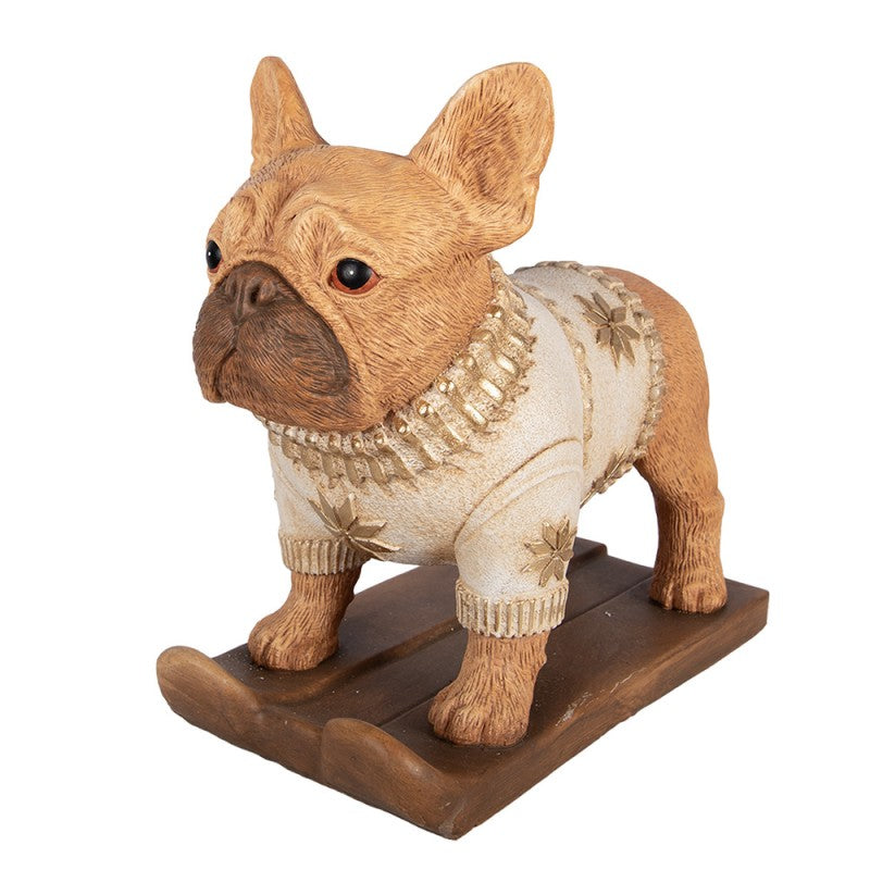 Weihnachtsfigur Hund Französische Bulldogge auf Schlitten im Strickpullover Magnesia Braun 39x20x35 cm von Clayre & Eef (6MG0167)