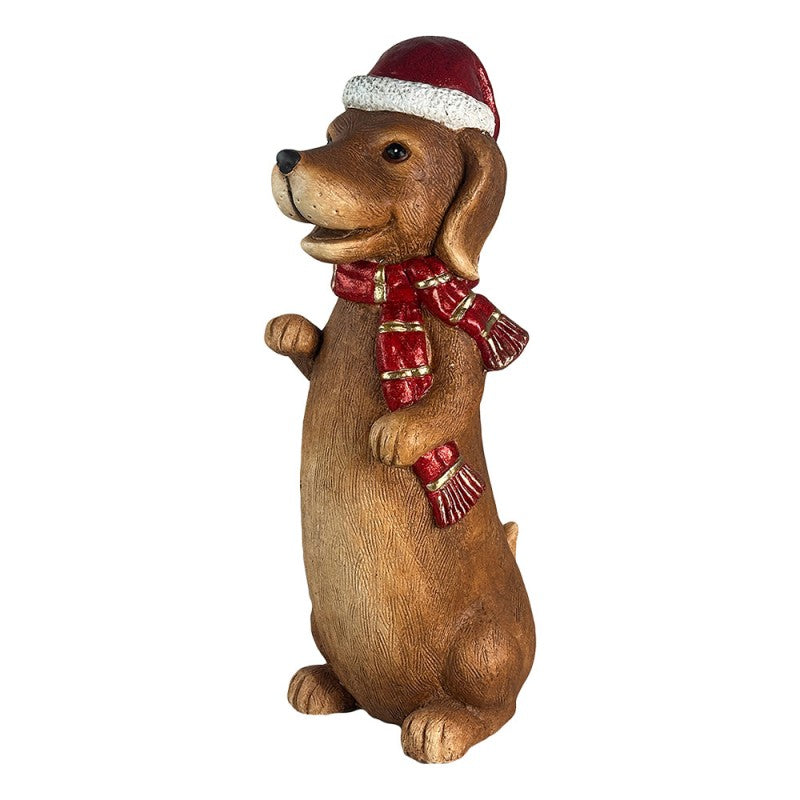 Weihnachtsfigur Hund Dackel aufrecht sitzend mit Nikolausmütze Magnesia Braun Rot 19x24x51 cm von Clayre & Eef (6MG0203)